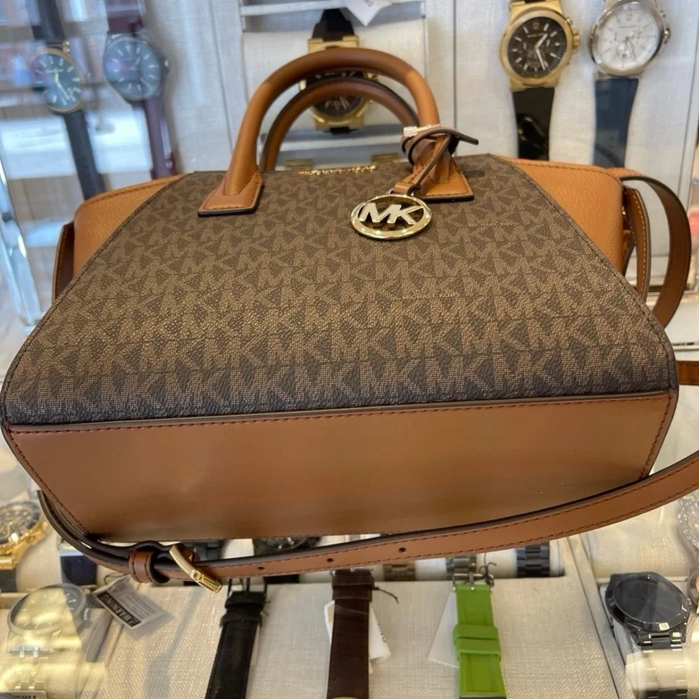 MICHAEL KORS Avril Small Logo Top-Zip Satchel Brown  NWT